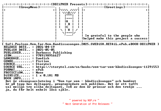 NFO for the release Sofi.Poulsen.Vem.Tar.Vem.Kandissasongen.2025.SWEDiSH.RETAiL.ePub.eBOOK-DECiPHER by DECiPHER