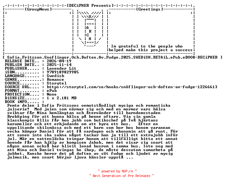 NFO for the release Sofia.Fritzson.Snoflingor.Och.Doften.Av.Fudge.2025.SWEDiSH.RETAiL.ePub.eBOOK-DECiPHER by DECiPHER