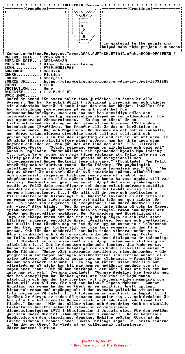 NFO for the release Gunnar.Ardelius.En.Dag.Av.Torst.2026.SWEDiSH.RETAiL.ePub.eBOOK-DECiPHER by DECiPHER