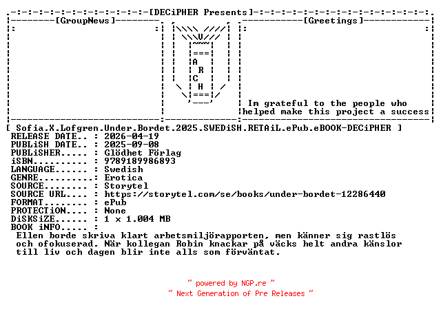 NFO for the release Sofia.X.Lofgren.Under.Bordet.2025.SWEDiSH.RETAiL.ePub.eBOOK-DECiPHER by DECiPHER