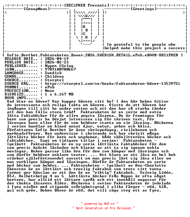NFO for the release Sofie.Berthet.Faktaraketen.Baver.2026.SWEDiSH.RETAiL.ePub.eBOOK-DECiPHER by DECiPHER