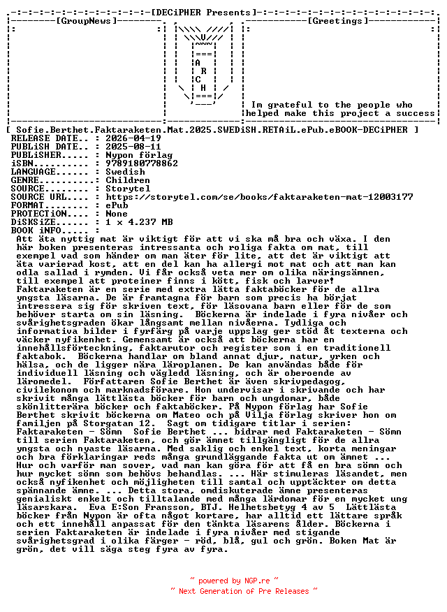 NFO for the release Sofie.Berthet.Faktaraketen.Mat.2025.SWEDiSH.RETAiL.ePub.eBOOK-DECiPHER by DECiPHER