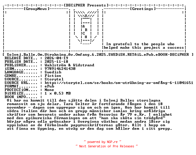 NFO for the release Solvej.Balle.Om.Utrakning.Av.Omfang.6.2025.SWEDiSH.RETAiL.ePub.eBOOK-DECiPHER by DECiPHER