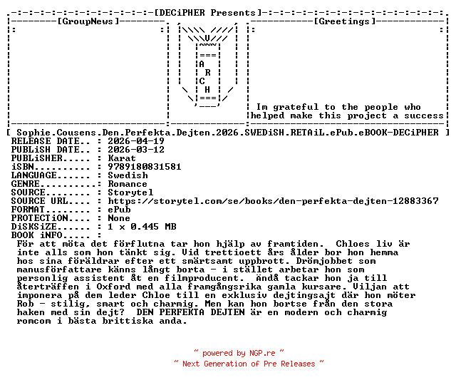 NFO for the release Sophie.Cousens.Den.Perfekta.Dejten.2026.SWEDiSH.RETAiL.ePub.eBOOK-DECiPHER by DECiPHER