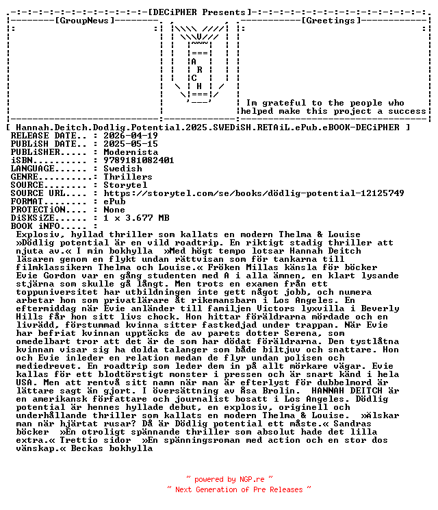 NFO for the release Hannah.Deitch.Dodlig.Potential.2025.SWEDiSH.RETAiL.ePub.eBOOK-DECiPHER by DECiPHER