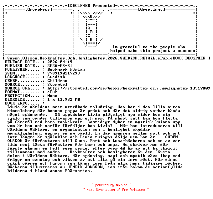 NFO for the release Soren.Olsson.Hexkrafter.Och.Hemligheter.2026.SWEDiSH.RETAiL.ePub.eBOOK-DECiPHER by DECiPHER