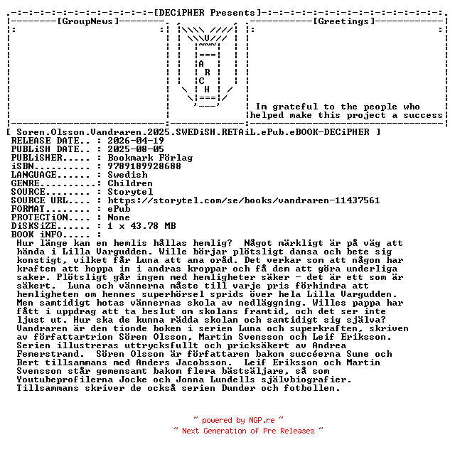 NFO for the release Soren.Olsson.Vandraren.2025.SWEDiSH.RETAiL.ePub.eBOOK-DECiPHER by DECiPHER