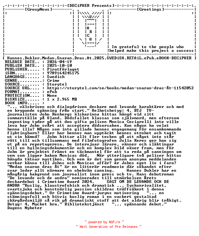 NFO for the release Hannes.Dukler.Medan.Snaran.Dras.At.2025.SWEDiSH.RETAiL.ePub.eBOOK-DECiPHER by DECiPHER
