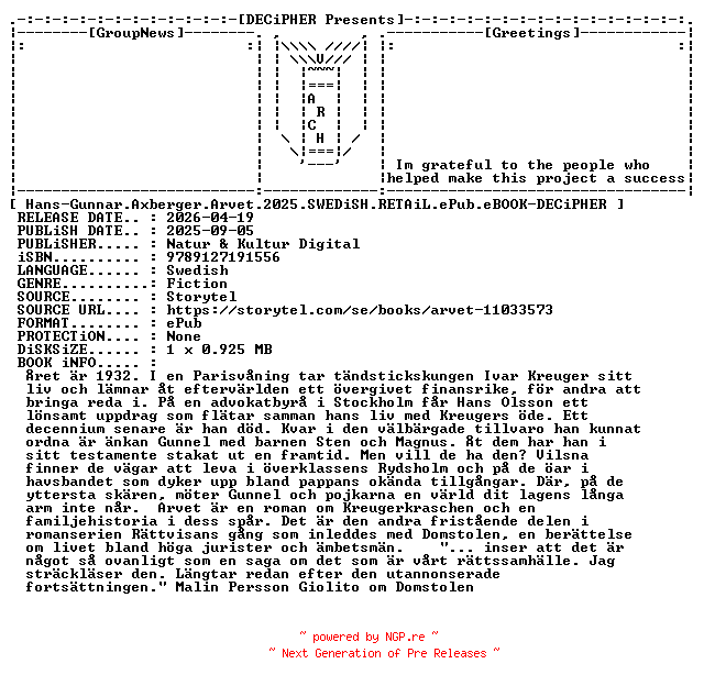 NFO for the release Hans.Gunnar.Axberger.Arvet.2025.SWEDiSH.RETAiL.ePub.eBOOK-DECiPHER by DECiPHER