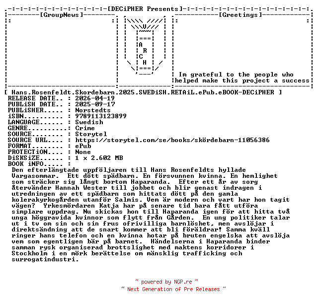NFO for the release Hans.Rosenfeldt.Skordebarn.2025.SWEDiSH.RETAiL.ePub.eBOOK-DECiPHER by DECiPHER