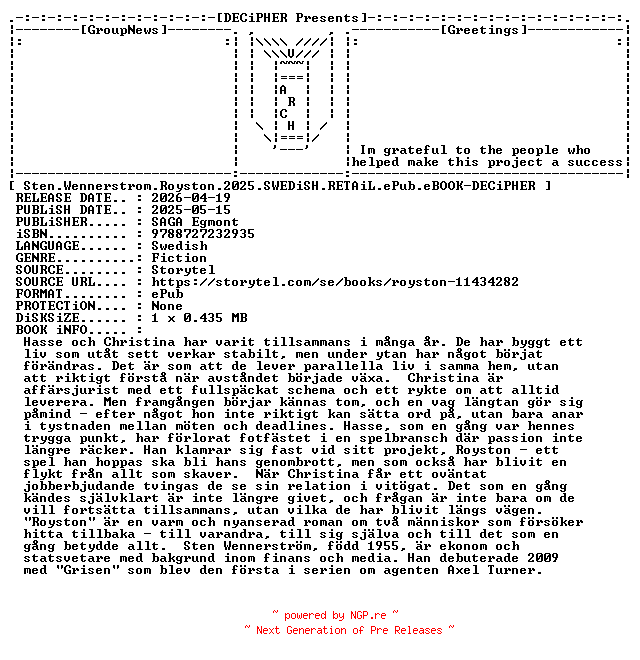 NFO for the release Sten.Wennerstrom.Royston.2025.SWEDiSH.RETAiL.ePub.eBOOK-DECiPHER by DECiPHER