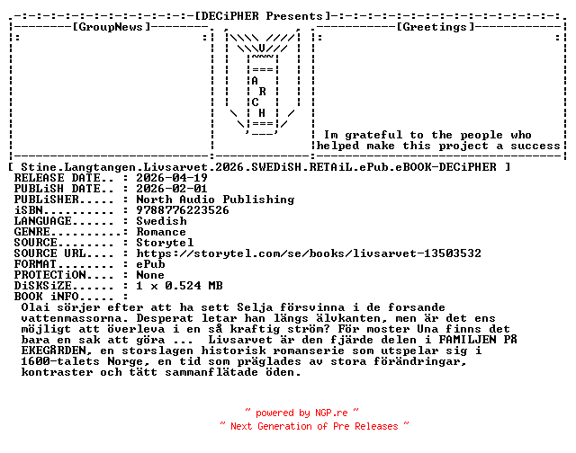 NFO for the release Stine.Langtangen.Livsarvet.2026.SWEDiSH.RETAiL.ePub.eBOOK-DECiPHER by DECiPHER