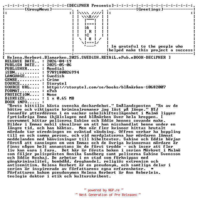 NFO for the release Helena.Herbert.Blamarken.2025.SWEDiSH.RETAiL.ePub.eBOOK-DECiPHER by DECiPHER