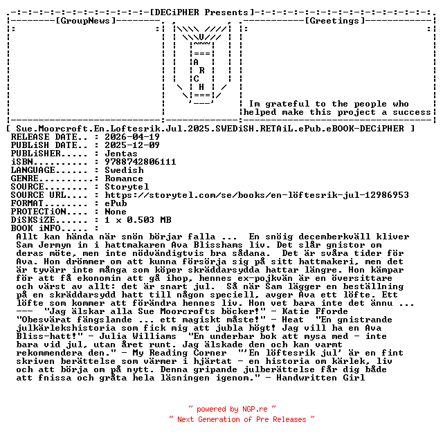 NFO for the release Sue.Moorcroft.En.Loftesrik.Jul.2025.SWEDiSH.RETAiL.ePub.eBOOK-DECiPHER by DECiPHER