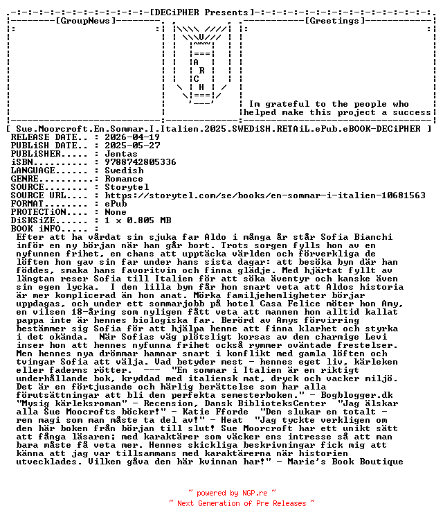NFO for the release Sue.Moorcroft.En.Sommar.I.Italien.2025.SWEDiSH.RETAiL.ePub.eBOOK-DECiPHER by DECiPHER