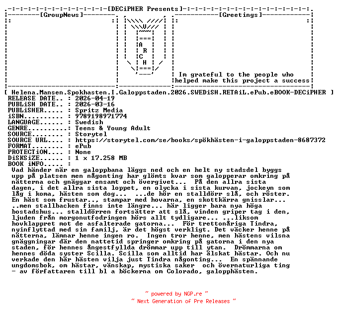 NFO for the release Helena.Mansen.Spokhasten.I.Galoppstaden.2026.SWEDiSH.RETAiL.ePub.eBOOK-DECiPHER by DECiPHER