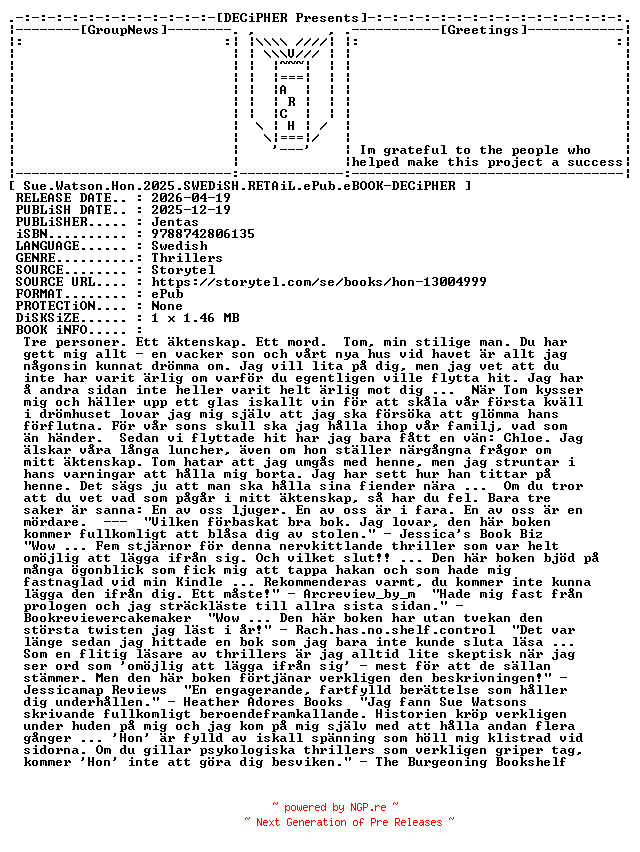 NFO for the release Sue.Watson.Hon.2025.SWEDiSH.RETAiL.ePub.eBOOK-DECiPHER by DECiPHER