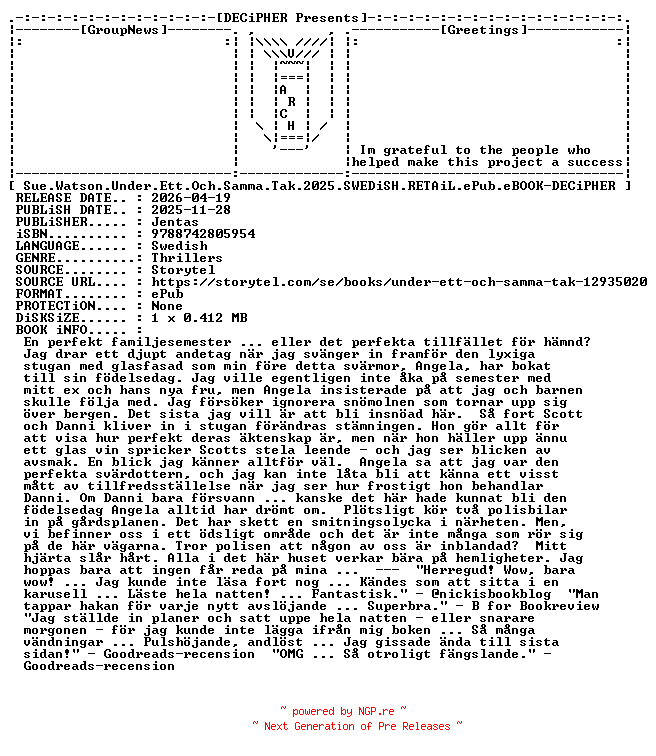 NFO for the release Sue.Watson.Under.Ett.Och.Samma.Tak.2025.SWEDiSH.RETAiL.ePub.eBOOK-DECiPHER by DECiPHER
