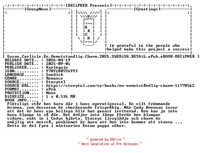 NFO for the release Susan.Carlisle.En.Oemotstandlig.Charm.2025.SWEDiSH.RETAiL.ePub.eBOOK-DECiPHER by DECiPHER