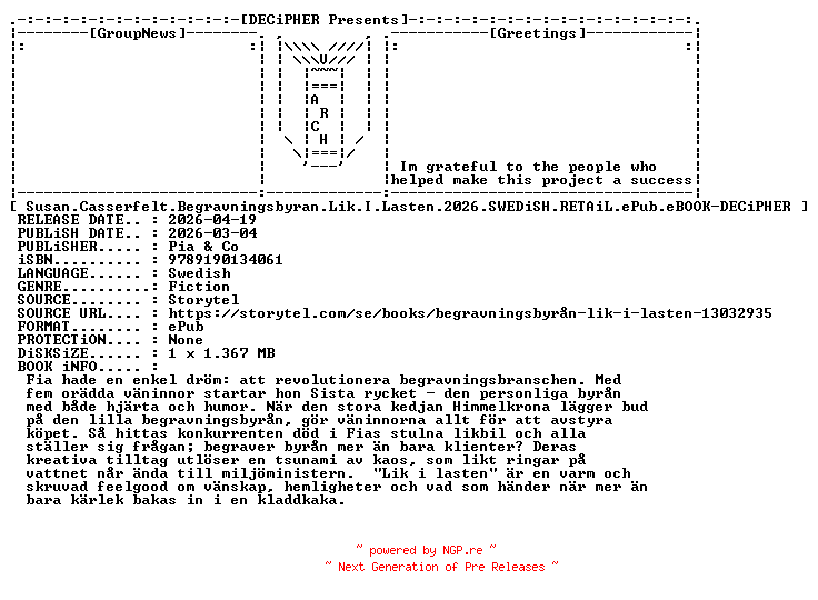NFO for the release Susan.Casserfelt.Begravningsbyran.Lik.I.Lasten.2026.SWEDiSH.RETAiL.ePub.eBOOK-DECiPHER by DECiPHER