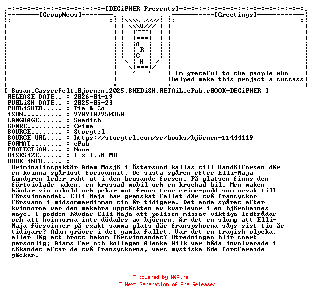 NFO for the release Susan.Casserfelt.Bjornen.2025.SWEDiSH.RETAiL.ePub.eBOOK-DECiPHER by DECiPHER