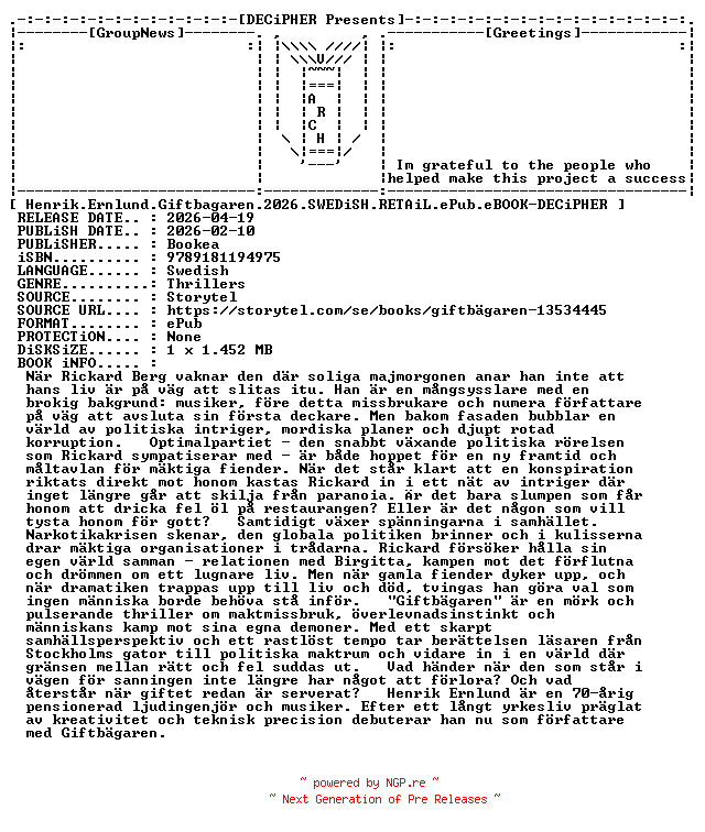 NFO for the release Henrik.Ernlund.Giftbagaren.2026.SWEDiSH.RETAiL.ePub.eBOOK-DECiPHER by DECiPHER