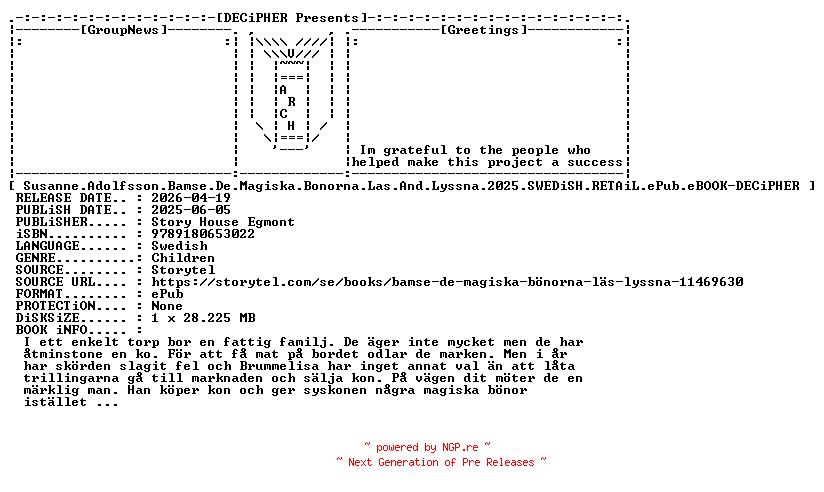 NFO for the release Susanne.Adolfsson.Bamse.De.Magiska.Bonorna.Las.And.Lyssna.2025.SWEDiSH.RETAiL.ePub.eBOOK-DECiPHER by DECiPHER