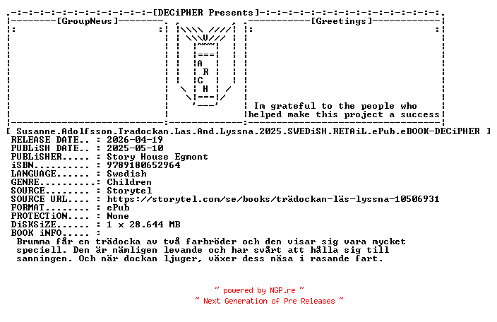 NFO for the release Susanne.Adolfsson.Tradockan.Las.And.Lyssna.2025.SWEDiSH.RETAiL.ePub.eBOOK-DECiPHER by DECiPHER