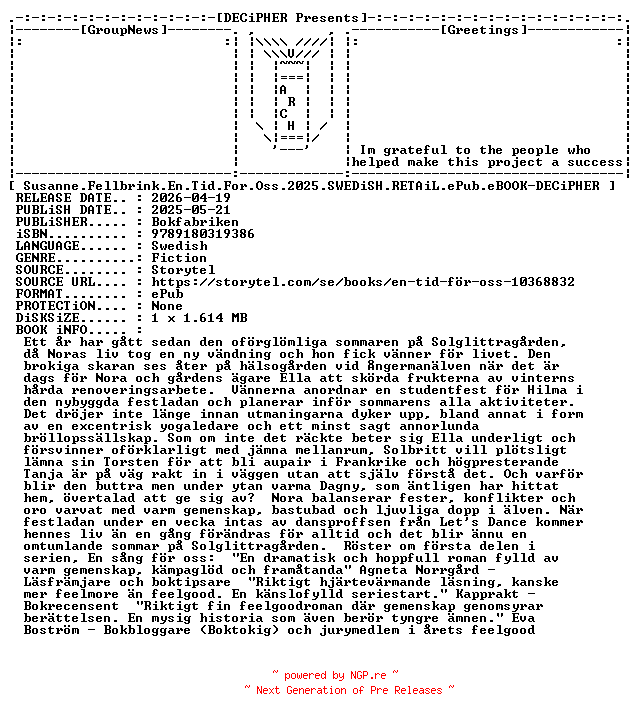 NFO for the release Susanne.Fellbrink.En.Tid.For.Oss.2025.SWEDiSH.RETAiL.ePub.eBOOK-DECiPHER by DECiPHER