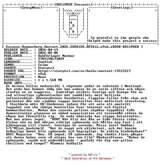 NFO for the release Susanne.Hammarberg.Omstart.2026.SWEDiSH.RETAiL.ePub.eBOOK-DECiPHER by DECiPHER