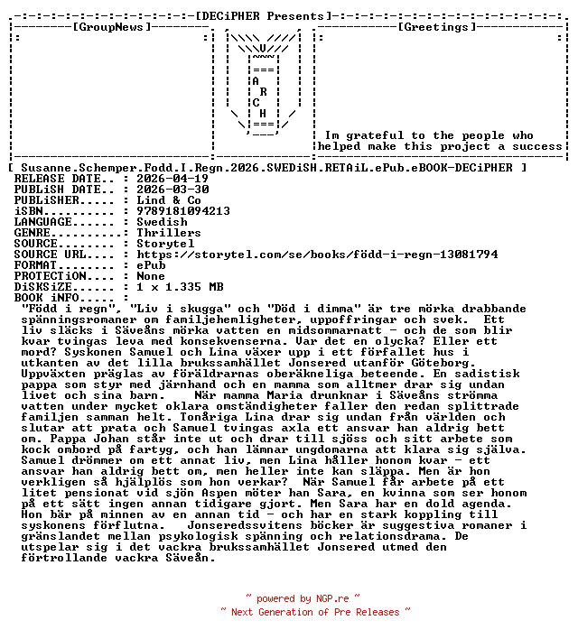 NFO for the release Susanne.Schemper.Fodd.I.Regn.2026.SWEDiSH.RETAiL.ePub.eBOOK-DECiPHER by DECiPHER