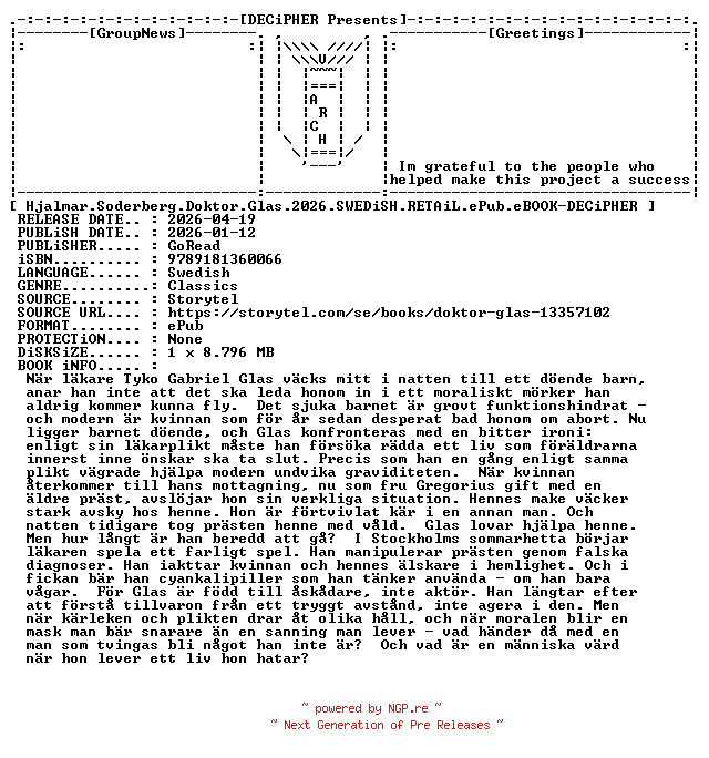 NFO for the release Hjalmar.Soderberg.Doktor.Glas.2026.SWEDiSH.RETAiL.ePub.eBOOK-DECiPHER by DECiPHER