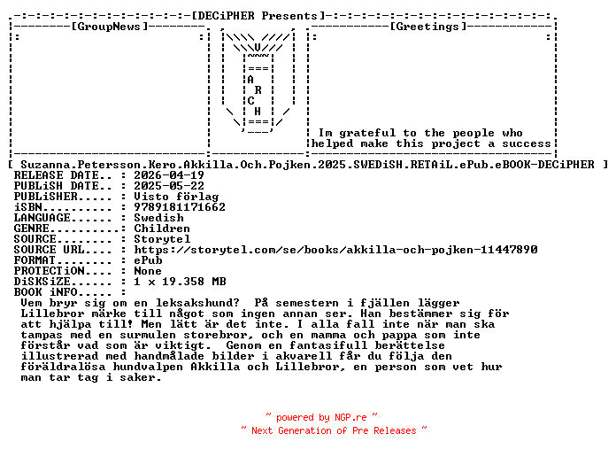 NFO for the release Suzanna.Petersson.Kero.Akkilla.Och.Pojken.2025.SWEDiSH.RETAiL.ePub.eBOOK-DECiPHER by DECiPHER