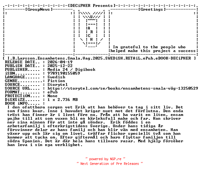 NFO for the release I.B.Larsson.Ensamhetens.Smala.Vag.2025.SWEDiSH.RETAiL.ePub.eBOOK-DECiPHER by DECiPHER