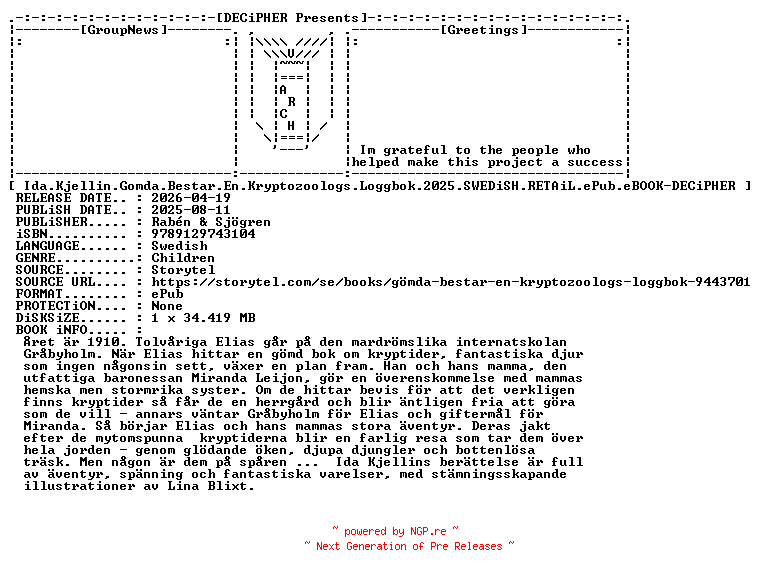 NFO for the release Ida.Kjellin.Gomda.Bestar.En.Kryptozoologs.Loggbok.2025.SWEDiSH.RETAiL.ePub.eBOOK-DECiPHER by DECiPHER