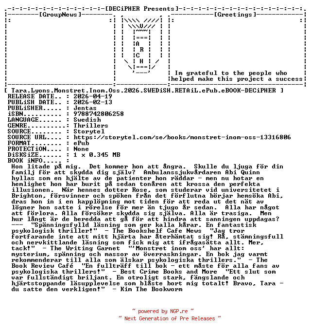 NFO for the release Tara.Lyons.Monstret.Inom.Oss.2026.SWEDiSH.RETAiL.ePub.eBOOK-DECiPHER by DECiPHER