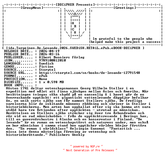 NFO for the release Iida.Turpeinen.De.Levande.2026.SWEDiSH.RETAiL.ePub.eBOOK-DECiPHER by DECiPHER