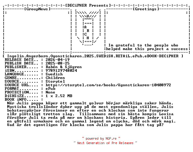 NFO for the release Ingelin.Angerborn.Ogonstickaren.2025.SWEDiSH.RETAiL.ePub.eBOOK-DECiPHER by DECiPHER