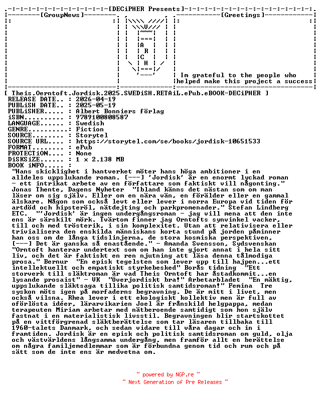 NFO for the release Theis.Oerntoft.Jordisk.2025.SWEDiSH.RETAiL.ePub.eBOOK-DECiPHER by DECiPHER