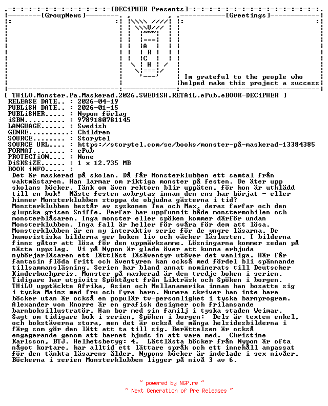 NFO for the release Thilo.Monster.Pa.Maskerad.2026.SWEDiSH.RETAiL.ePub.eBOOK-DECiPHER by DECiPHER