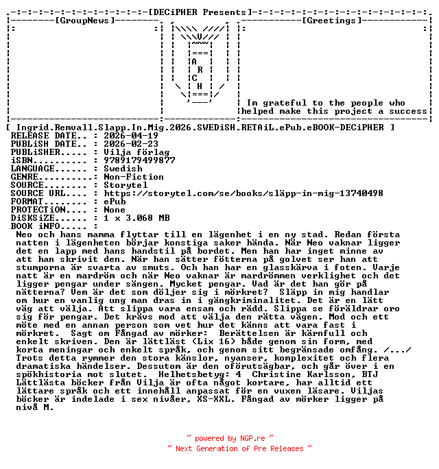 NFO for the release Ingrid.Remvall.Slapp.In.Mig.2026.SWEDiSH.RETAiL.ePub.eBOOK-DECiPHER by DECiPHER