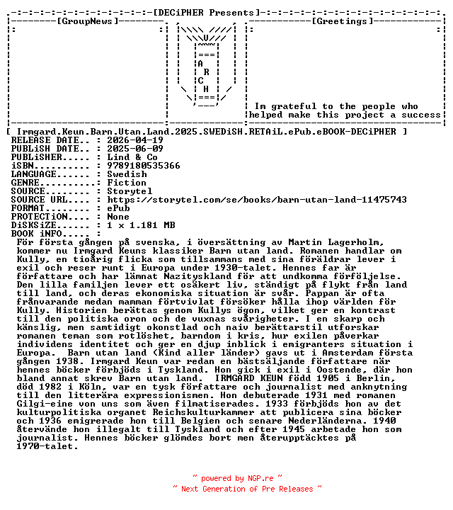 NFO for the release Irmgard.Keun.Barn.Utan.Land.2025.SWEDiSH.RETAiL.ePub.eBOOK-DECiPHER by DECiPHER