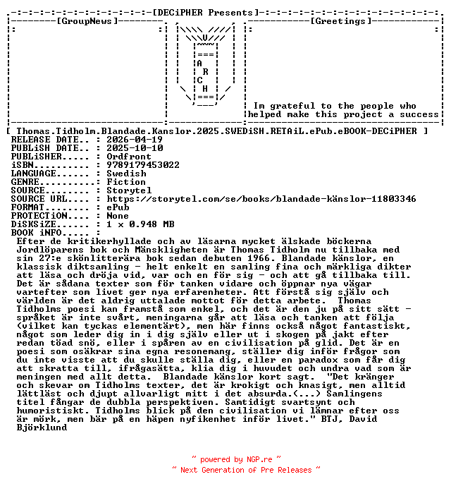 NFO for the release Thomas.Tidholm.Blandade.Kanslor.2025.SWEDiSH.RETAiL.ePub.eBOOK-DECiPHER by DECiPHER