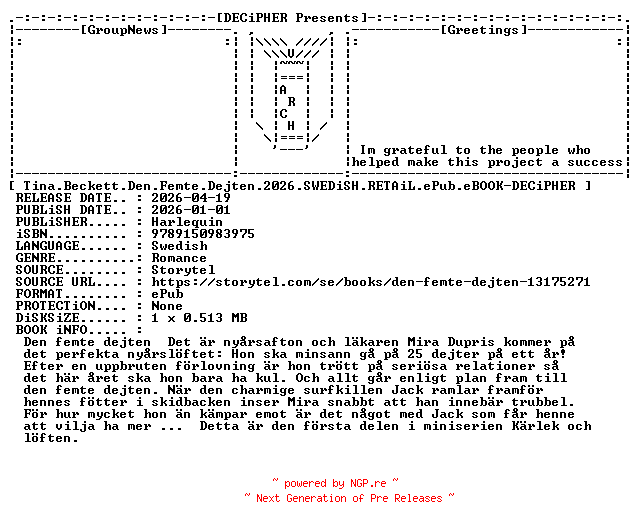 NFO for the release Tina.Beckett.Den.Femte.Dejten.2026.SWEDiSH.RETAiL.ePub.eBOOK-DECiPHER by DECiPHER