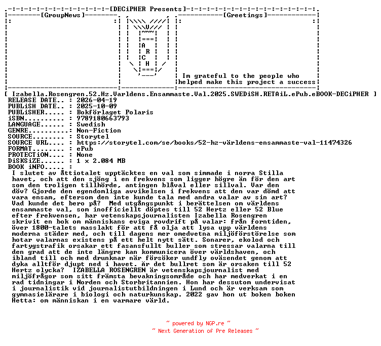 NFO for the release Izabella.Rosengren.52.Hz.Varldens.Ensammaste.Val.2025.SWEDiSH.RETAiL.ePub.eBOOK-DECiPHER by DECiPHER