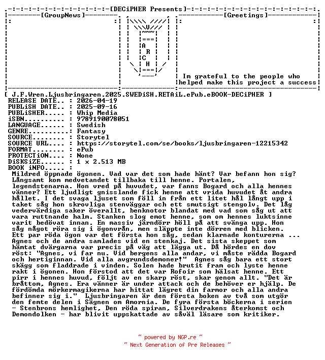 NFO for the release J.F.Wren.Ljusbringaren.2025.SWEDiSH.RETAiL.ePub.eBOOK-DECiPHER by DECiPHER