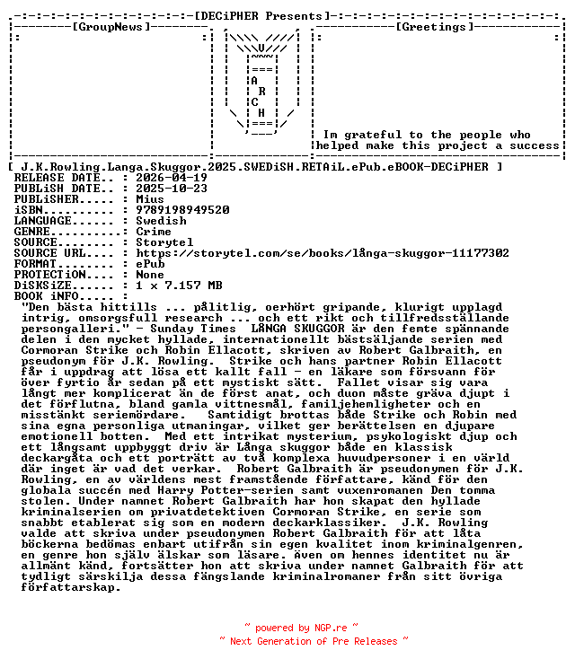 NFO for the release J.K.Rowling.Langa.Skuggor.2025.SWEDiSH.RETAiL.ePub.eBOOK-DECiPHER by DECiPHER