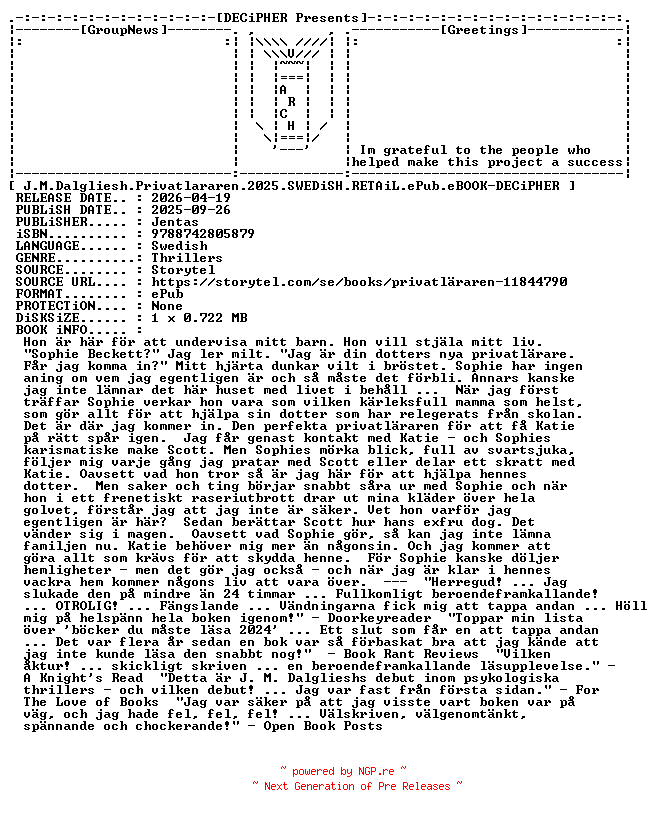 NFO for the release J.M.Dalgliesh.Privatlararen.2025.SWEDiSH.RETAiL.ePub.eBOOK-DECiPHER by DECiPHER