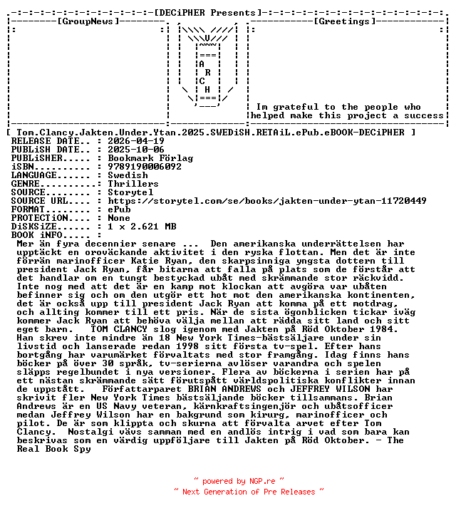 NFO for the release Tom.Clancy.Jakten.Under.Ytan.2025.SWEDiSH.RETAiL.ePub.eBOOK-DECiPHER by DECiPHER