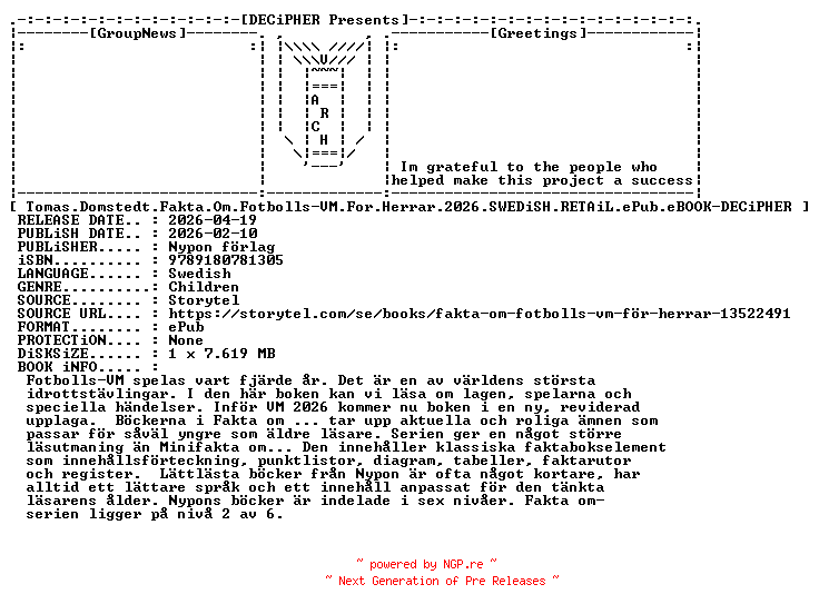 NFO for the release Tomas.Domstedt.Fakta.Om.Fotbolls.Vm.For.Herrar.2026.SWEDiSH.RETAiL.ePub.eBOOK-DECiPHER by DECiPHER